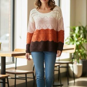 BCBGMAXAZRIA Pullover Colorblock Open Knit Oversized Sweater Small